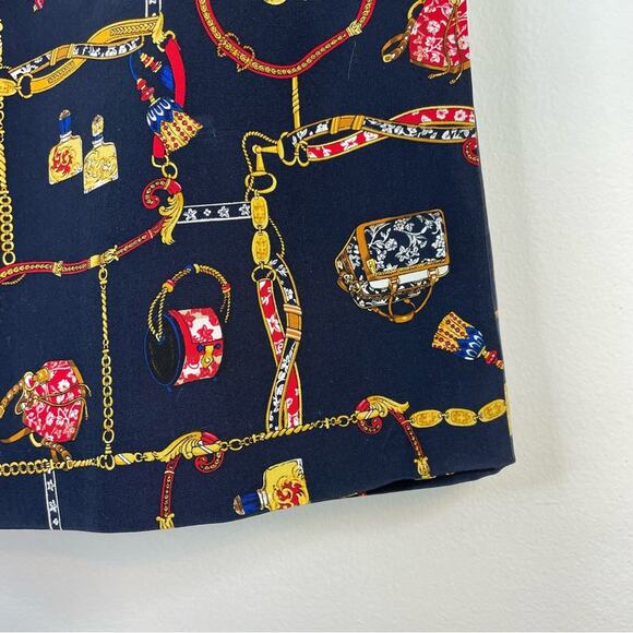 Vintage Y2K Classic Horsebit Chain Ribbon Floral Navy Blue Silk Wrap Skirt 4P 4 - Picture 3 of 8